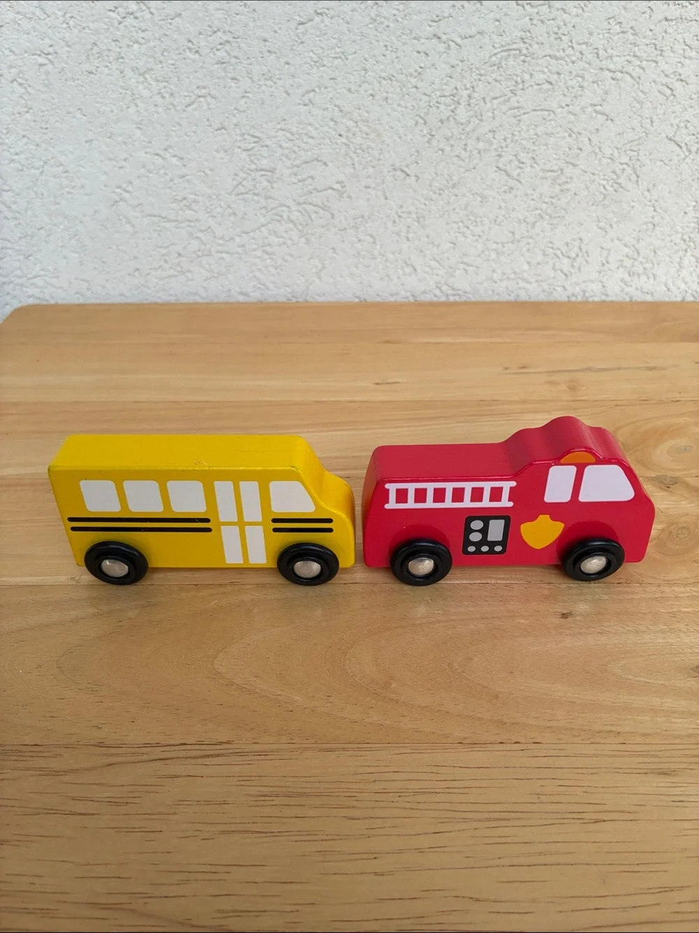 Wooden Emergency & Transport Vehicle Toy Set of 5. Fire bus ambulance plane post